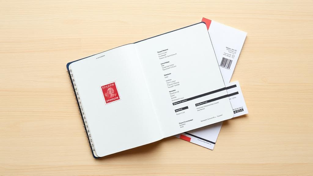 Open passport with a colorful entry stamp and a modern boarding pass